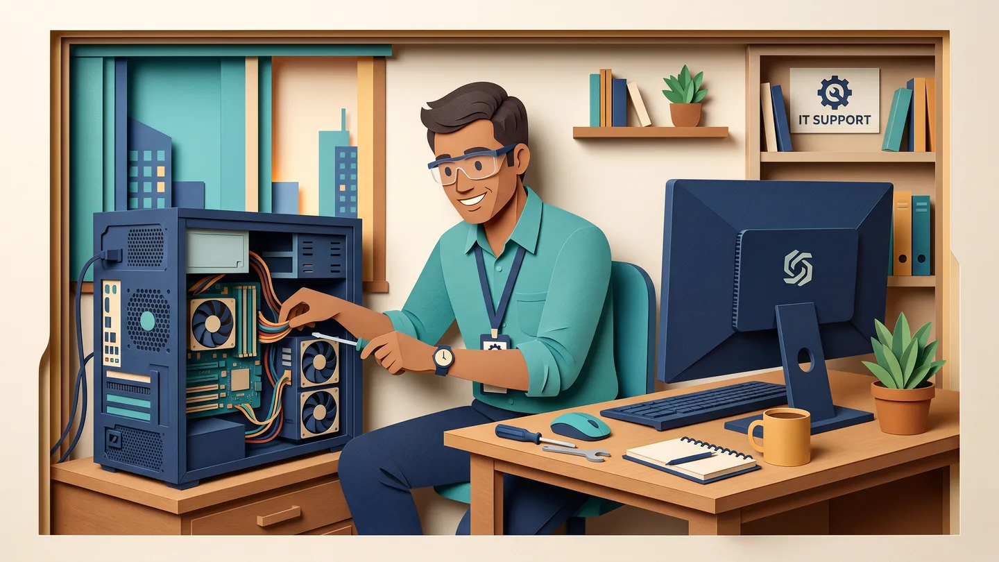 Technician servicing the internal components of a desktop computer