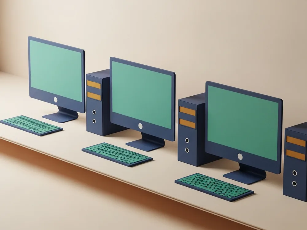A row of desktop computer monitors, keyboards and mice on a long office desk