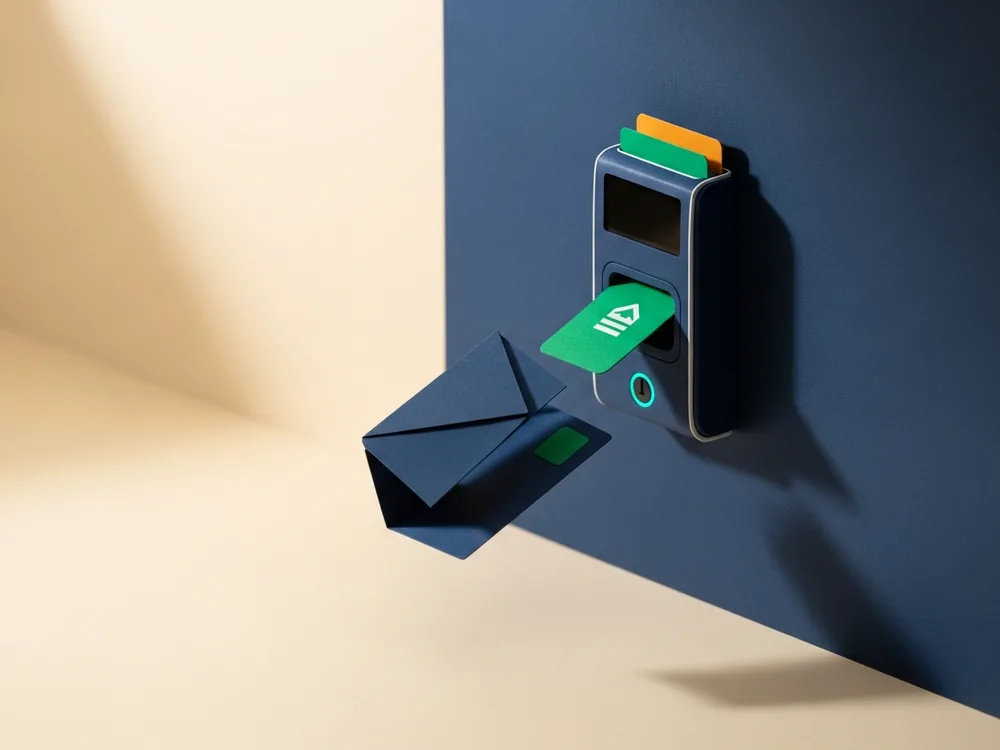A person presenting an access card to a wall-mounted card-reader terminal