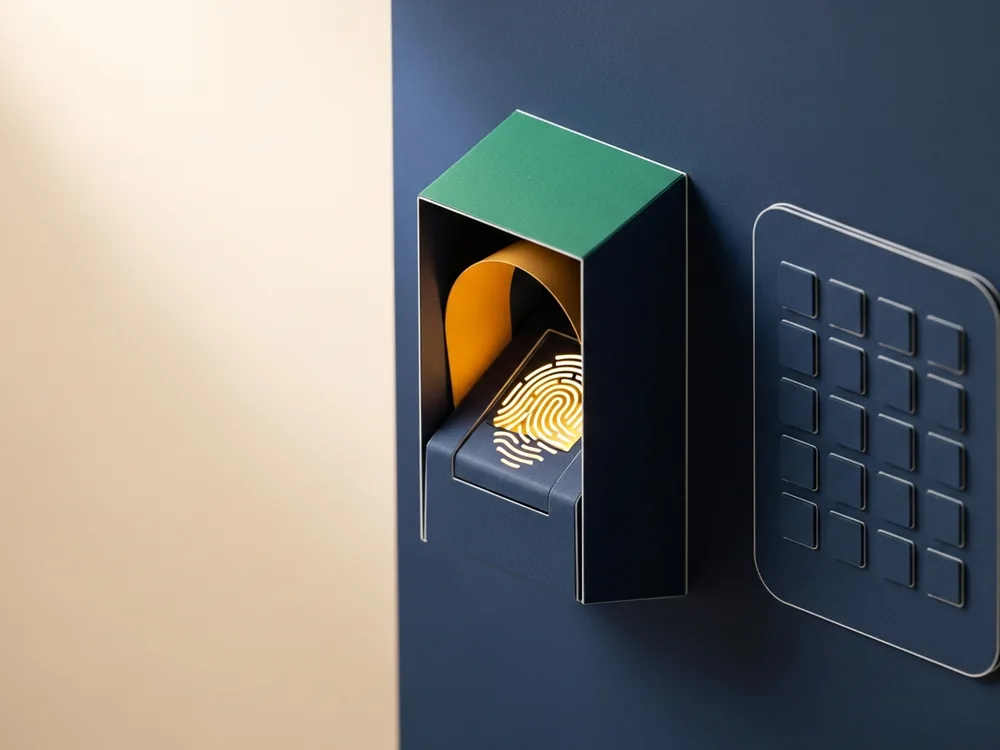 A finger on the green-lit sensor of a wall-mounted fingerprint reader with keypad