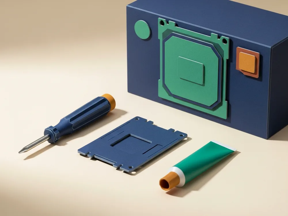 Computer-repair tools, a precision screwdriver, CPU bracket and thermal paste