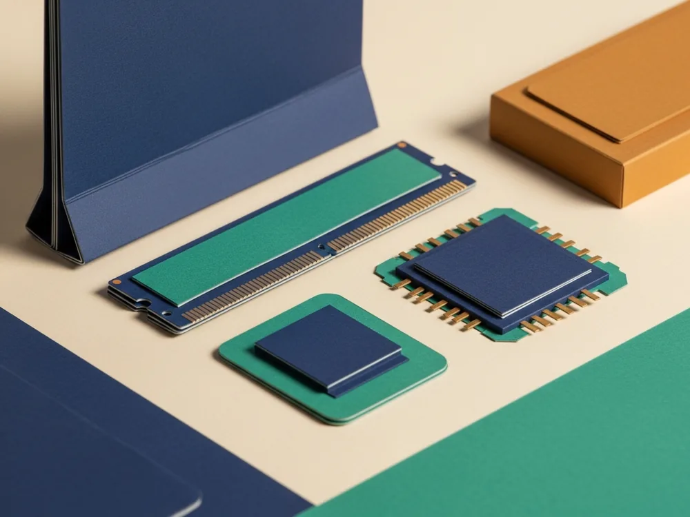 Close-up of RAM memory modules and a CPU on a work surface