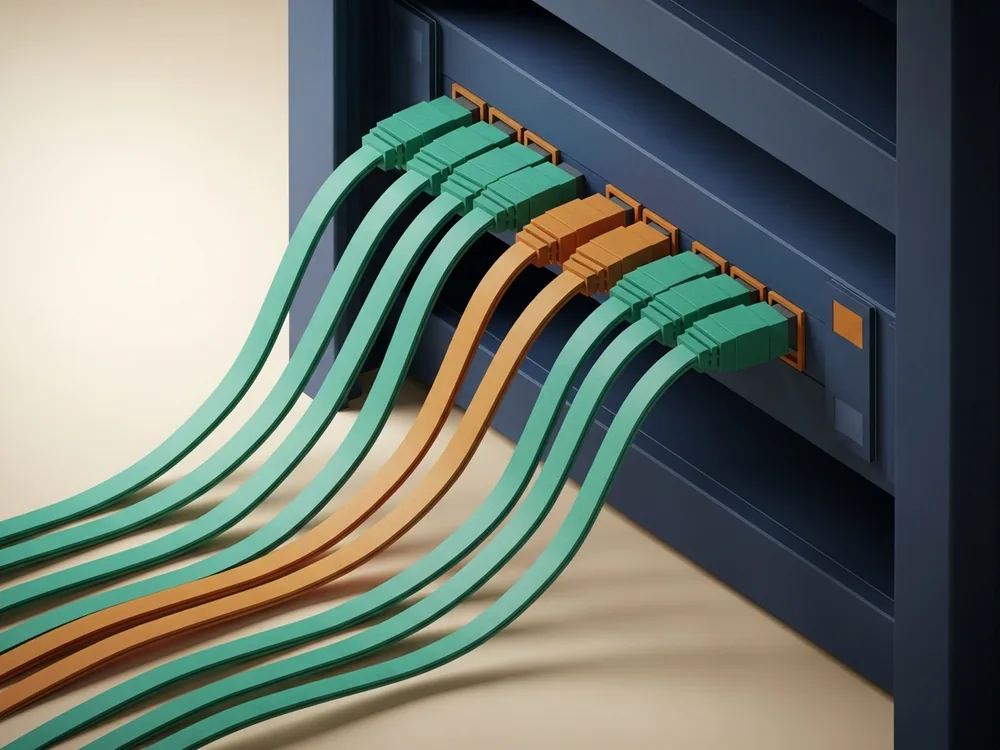 Bundled fibre-optic cables routed through cable-management bars on a rack