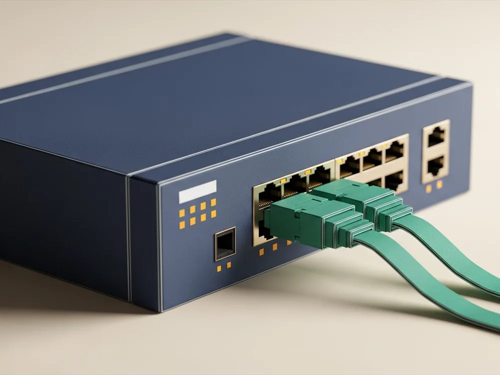 Close-up of a network switch with numbered RJ45 Ethernet ports and status LEDs