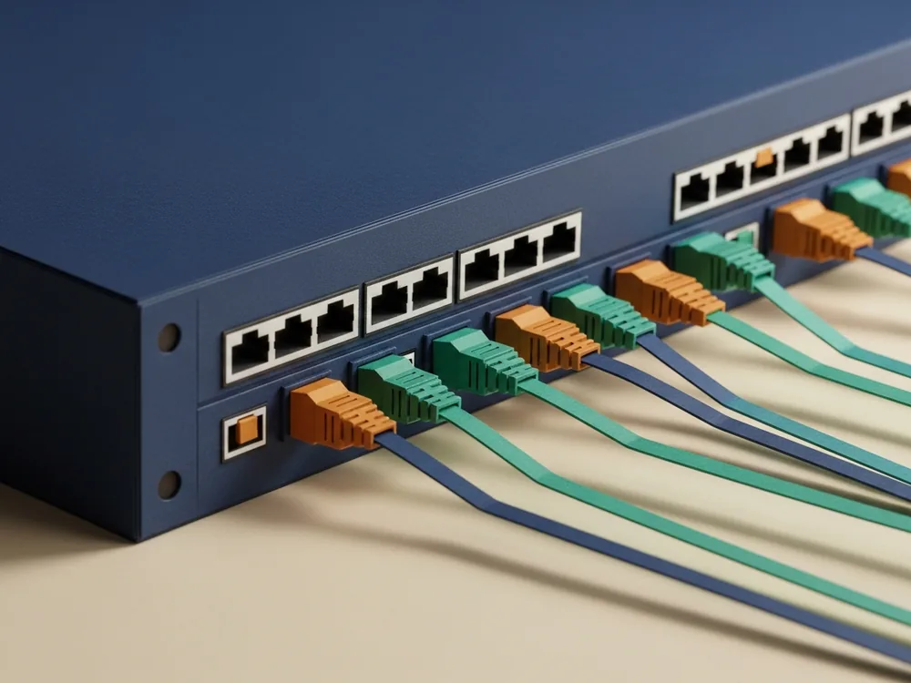 Network cables plugged into the ports of a patch panel in a rack