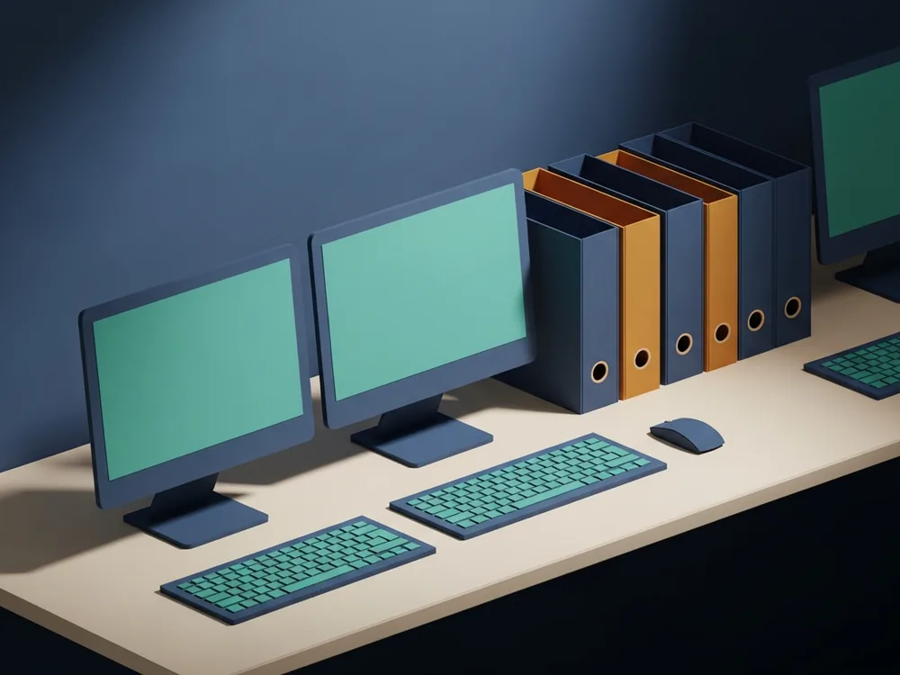 A clean row of desktop monitors and keyboards on a tidy office desk