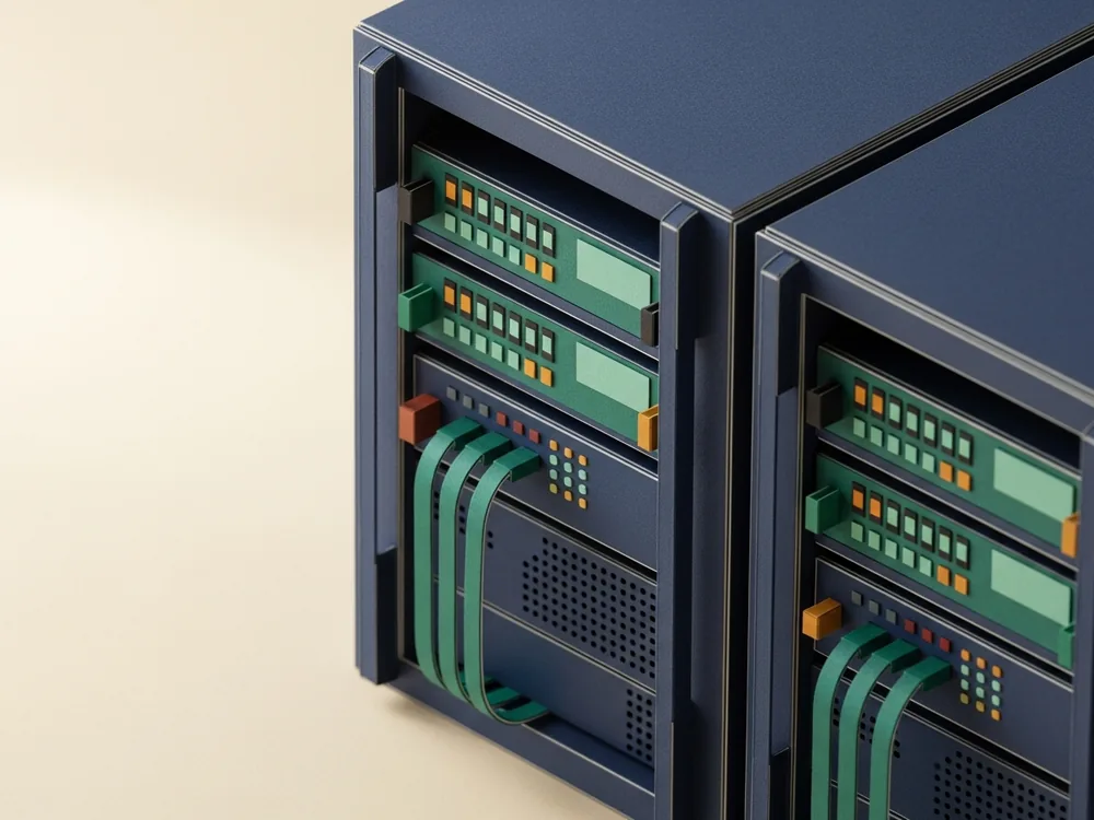 Close-up of rack-mounted servers with status lights and cabling