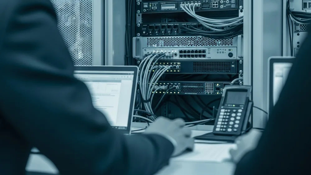 Rack-mounted server and patch cabling for domain server and network AMC